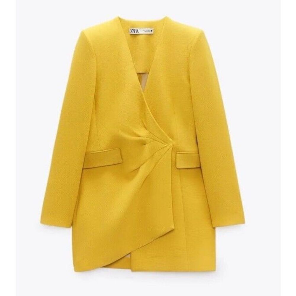 ZARA WOMAN LIMITED EDITION YELLOW DRAPED BLAZER DRESS SIZE S Asymmetric - Picture 3 of 8